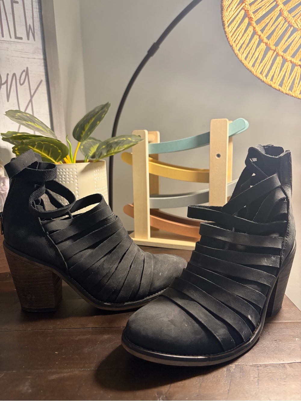 Free People Black Strappy Cutout Block Heel Booties